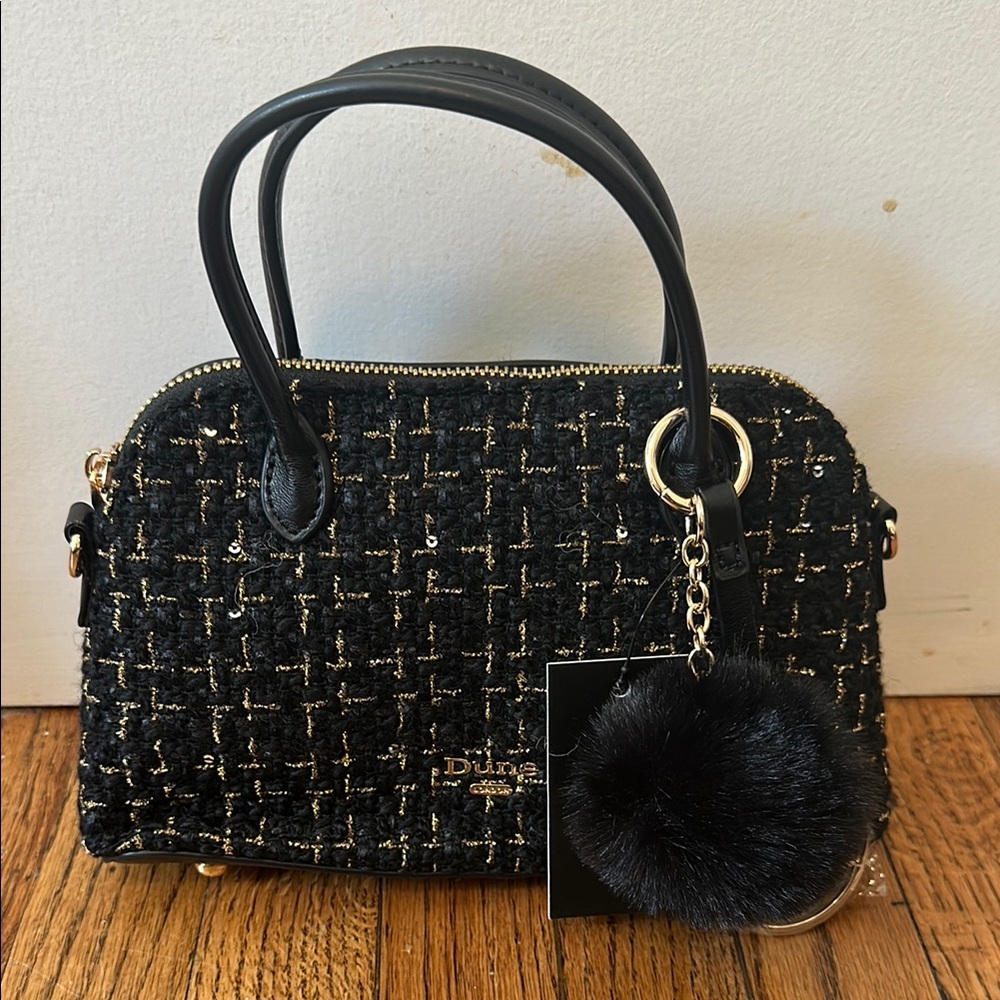 Black Tweed mini Dome Satchel with Pom Charm